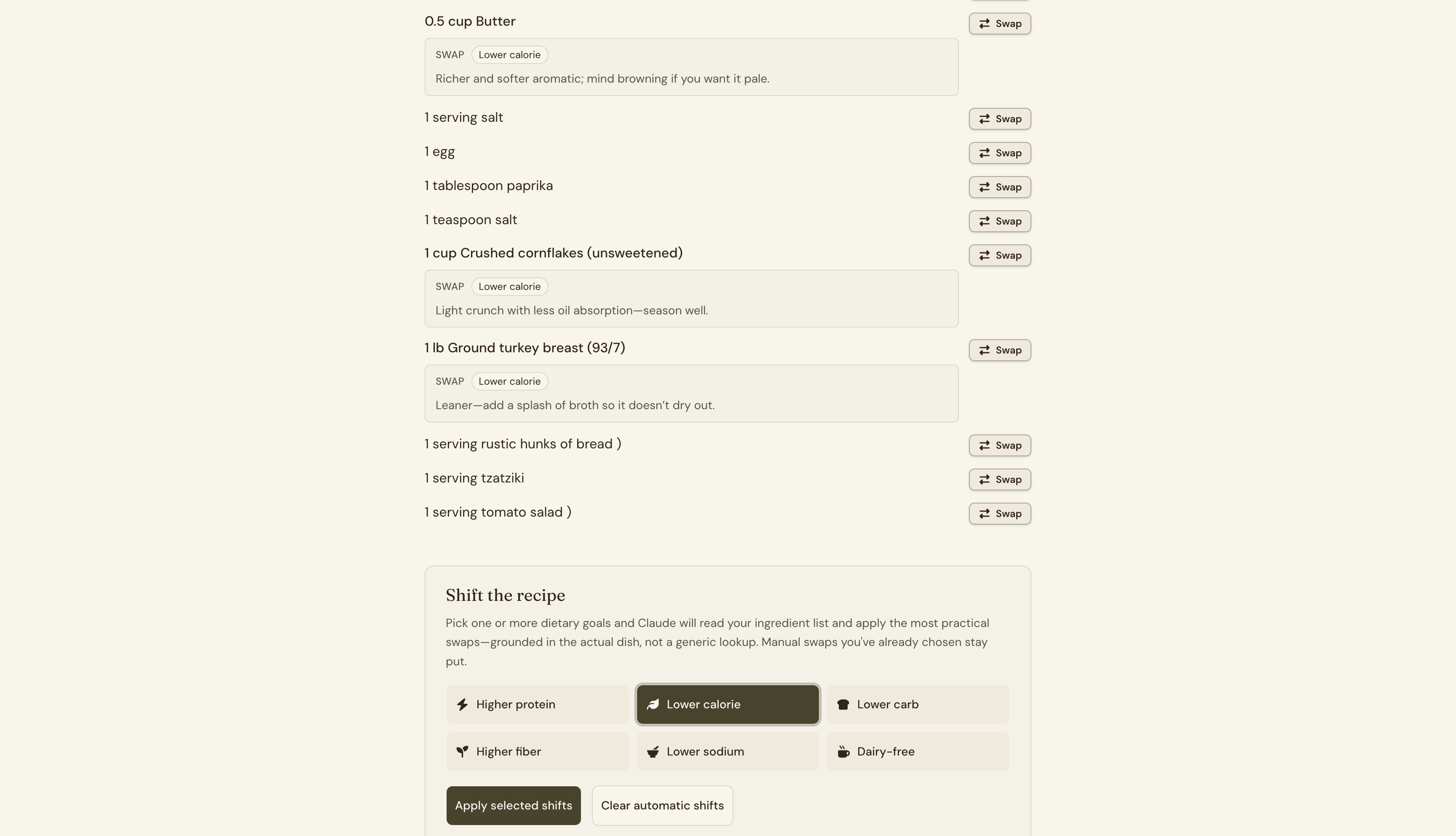 Mise shift-the-recipe panel — dietary goal selector with six options