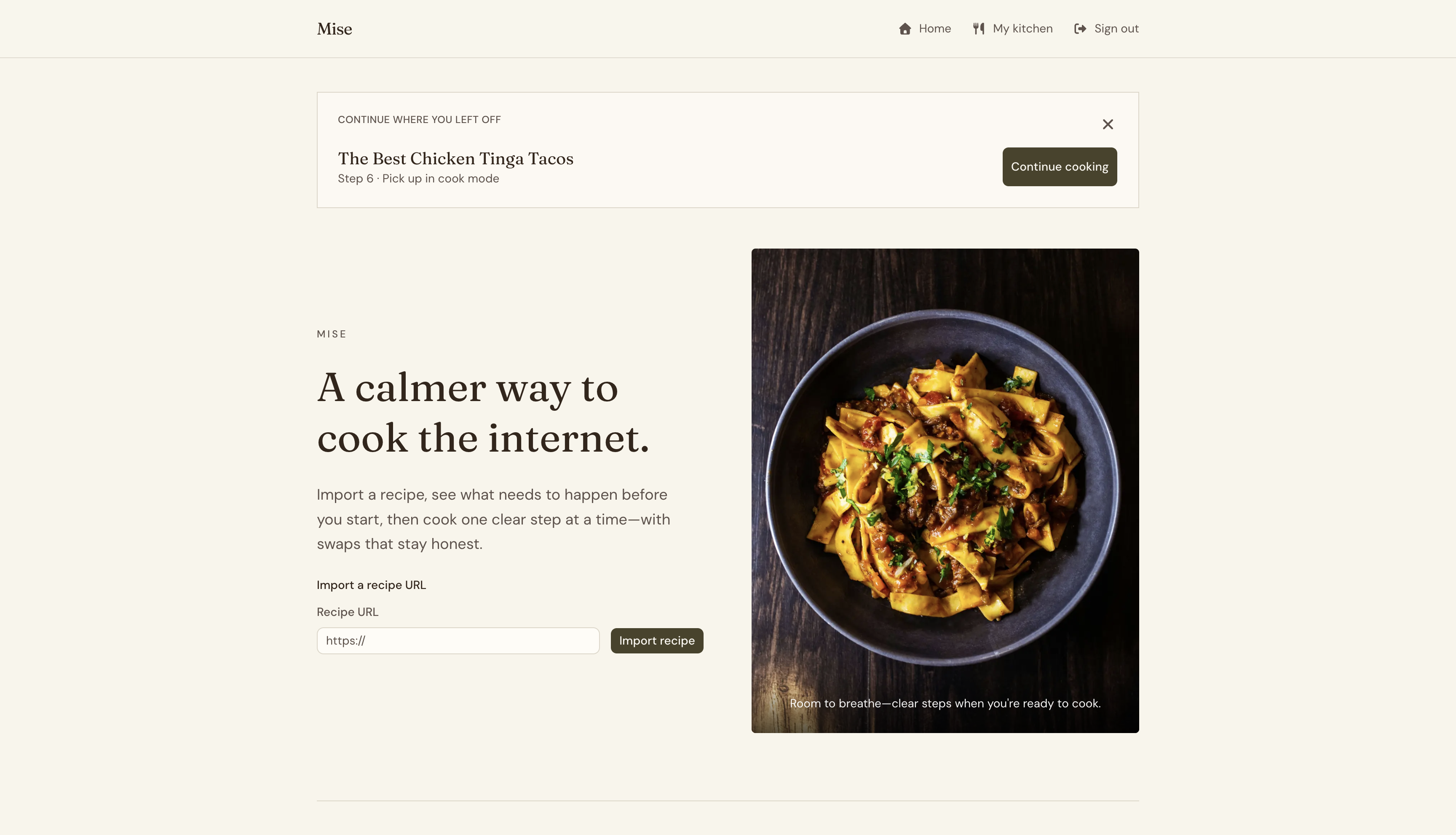 Mise home page — continue where you left off banner for an active recipe