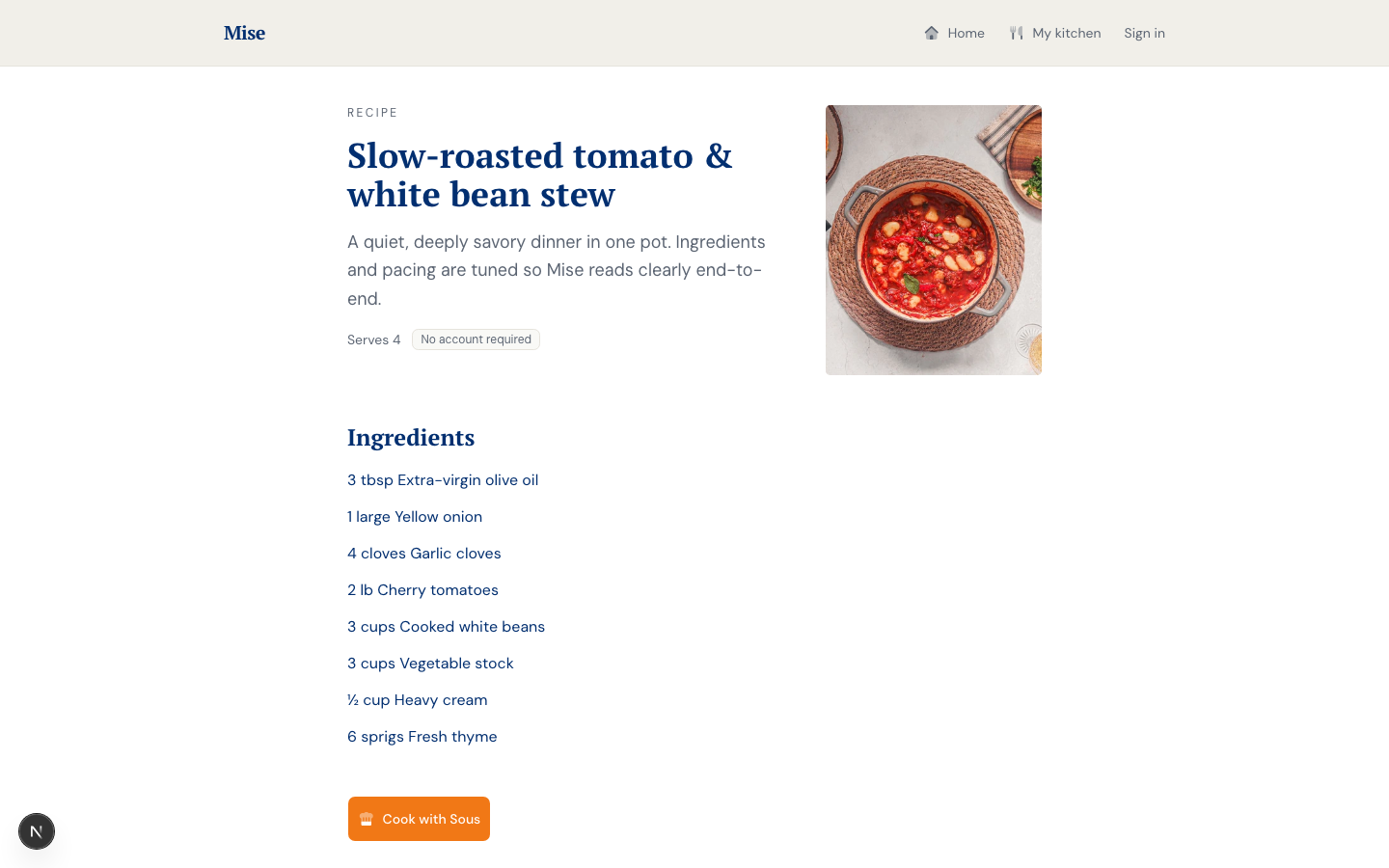 Recipe detail page with a 'Cook with Sous' button, no account required