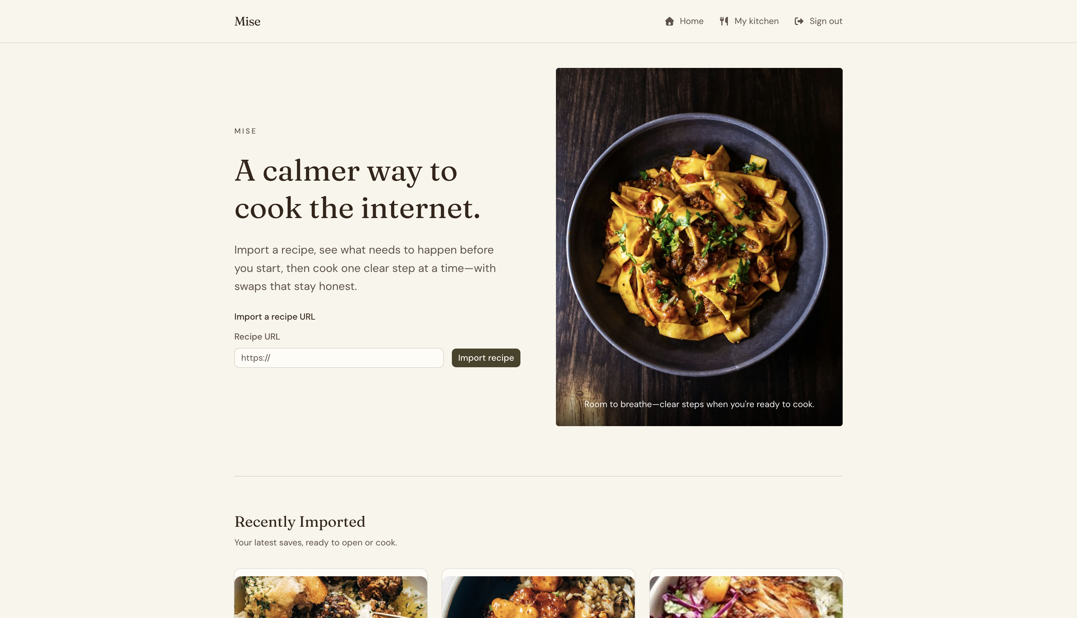 Mise editorial home — import form and featured recipe hero