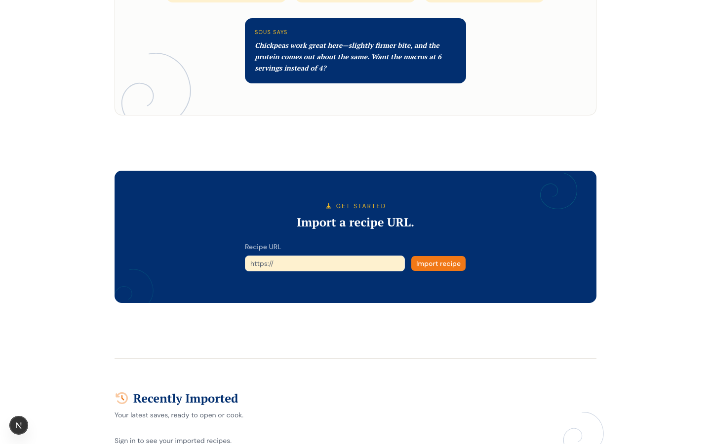 Import a recipe URL — dark navy section with an amber eyebrow and cream input field