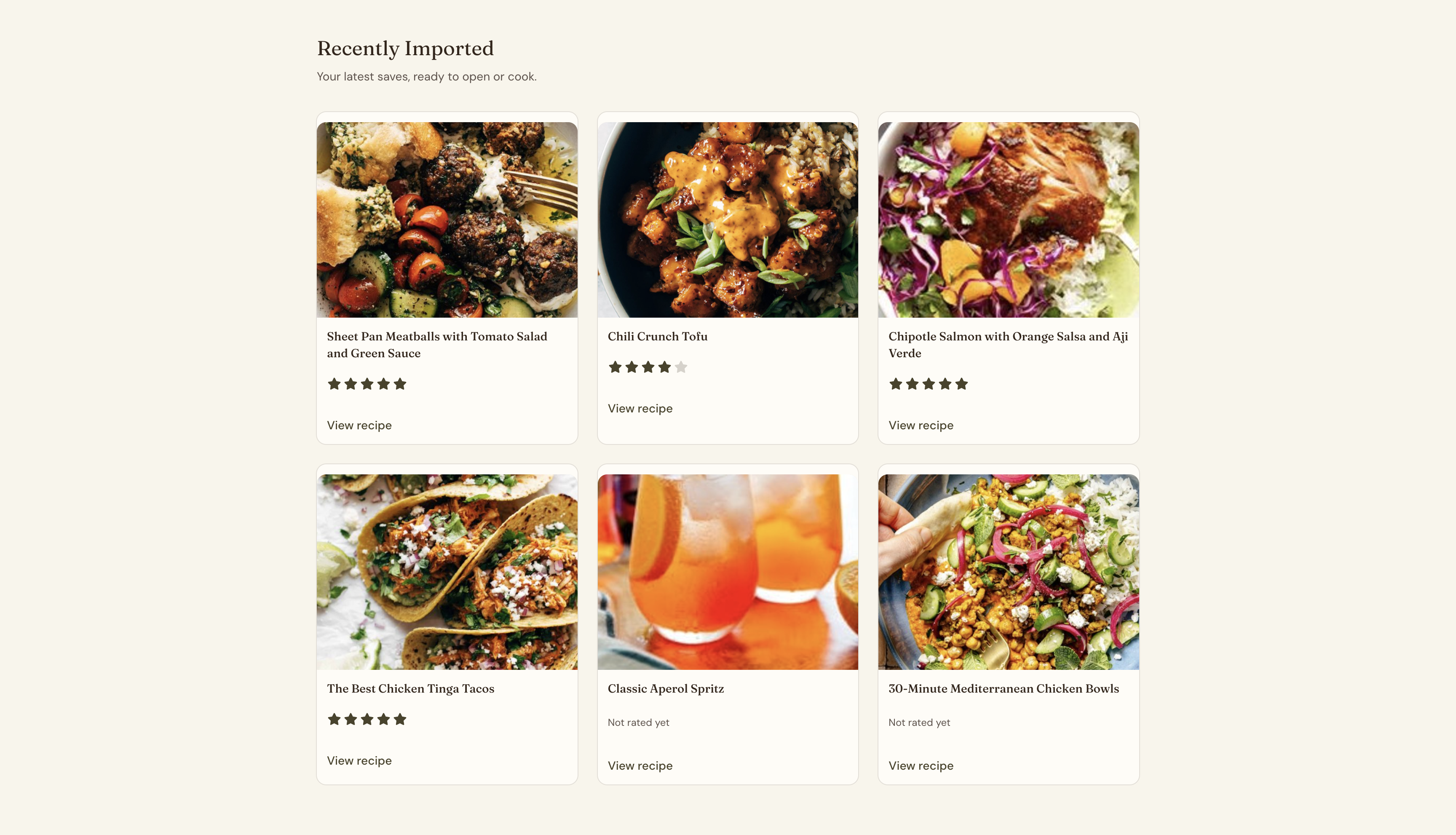 Mise recently imported recipe grid — six recipes with photos and star ratings