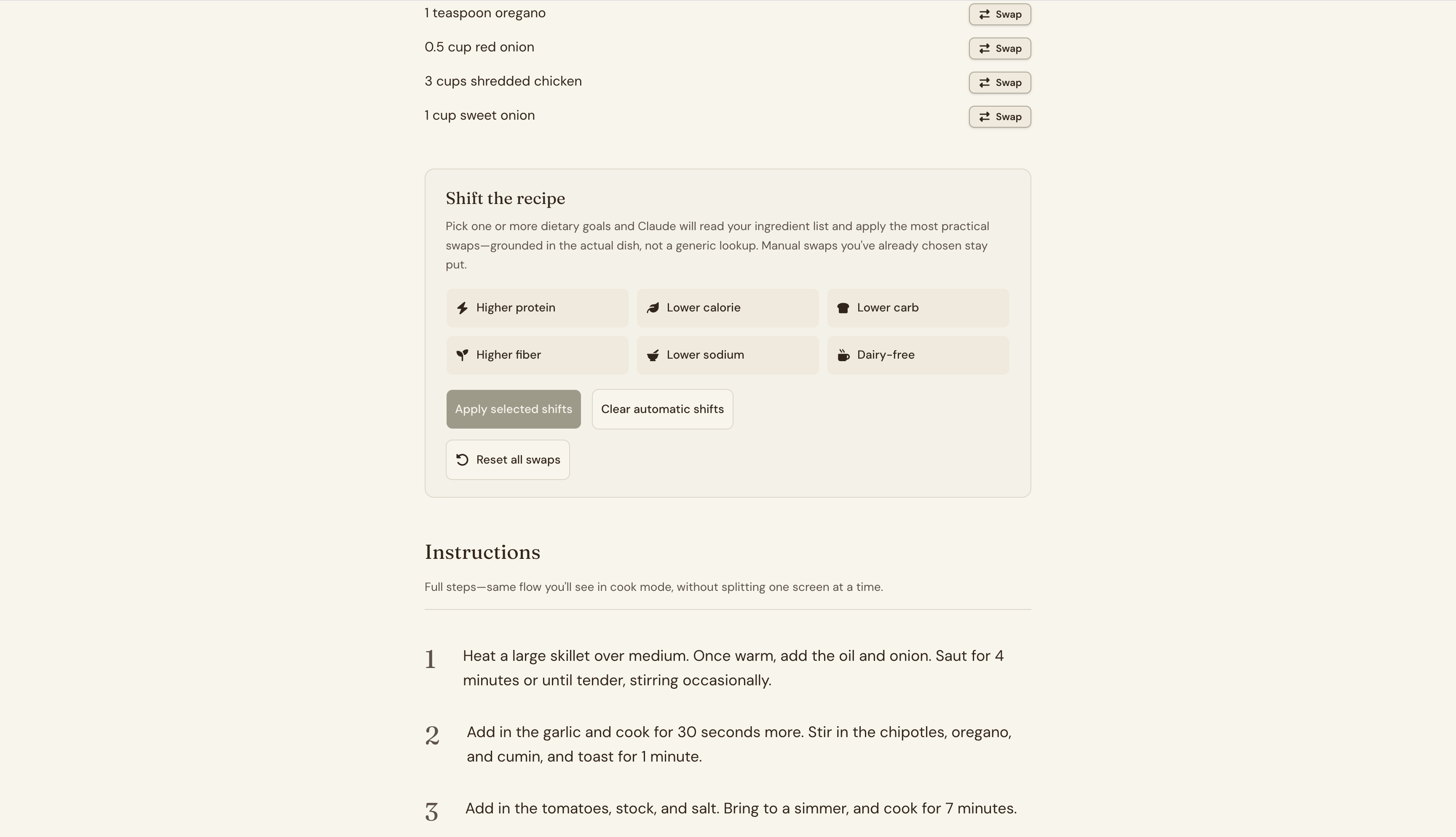 Mise recipe detail with lower-calorie swaps applied — SWAP tags on changed ingredients