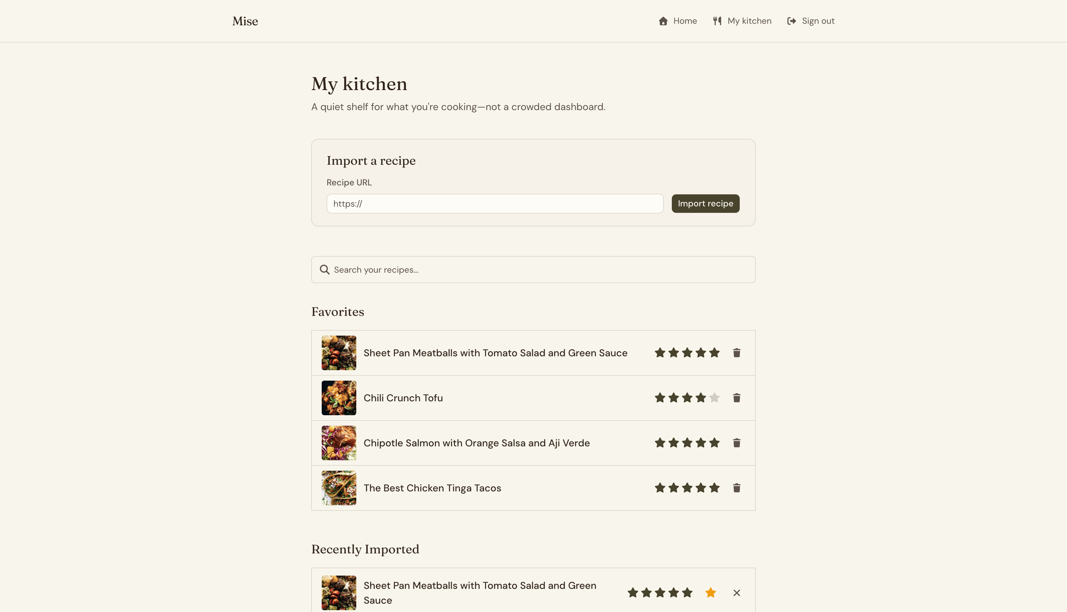 Mise My Kitchen page with recently imported and favorited recipes