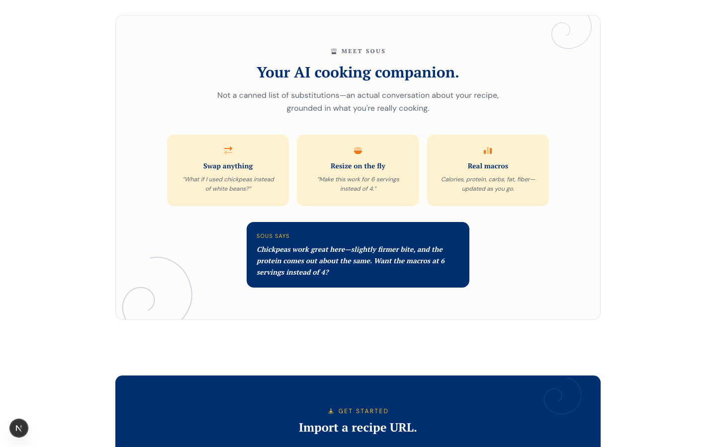 Meet Sous section — three capability cards (swap anything, resize on the fly, real macros) and a sample Sous response