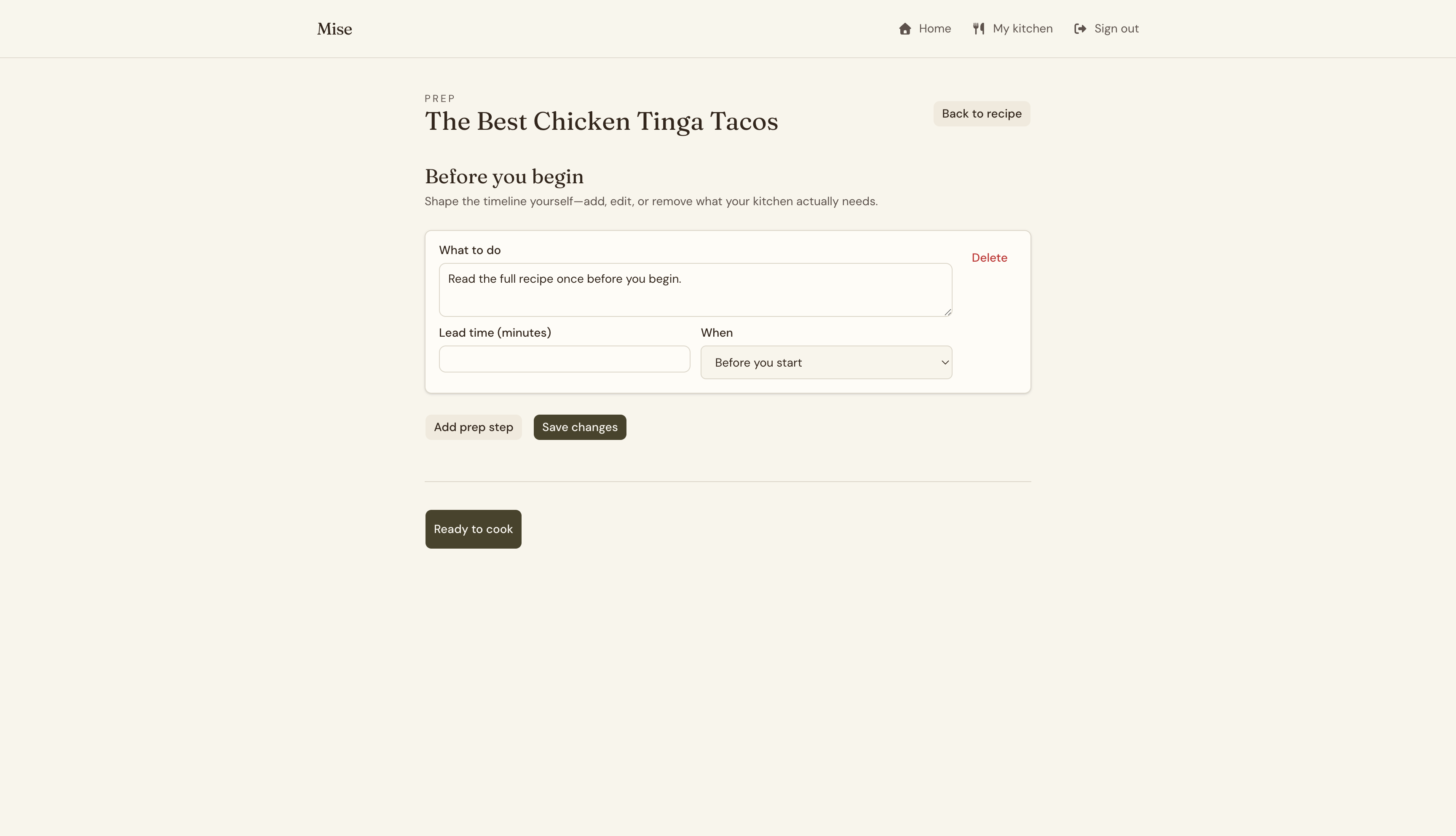 Mise prep page — checklist of tasks before cooking starts