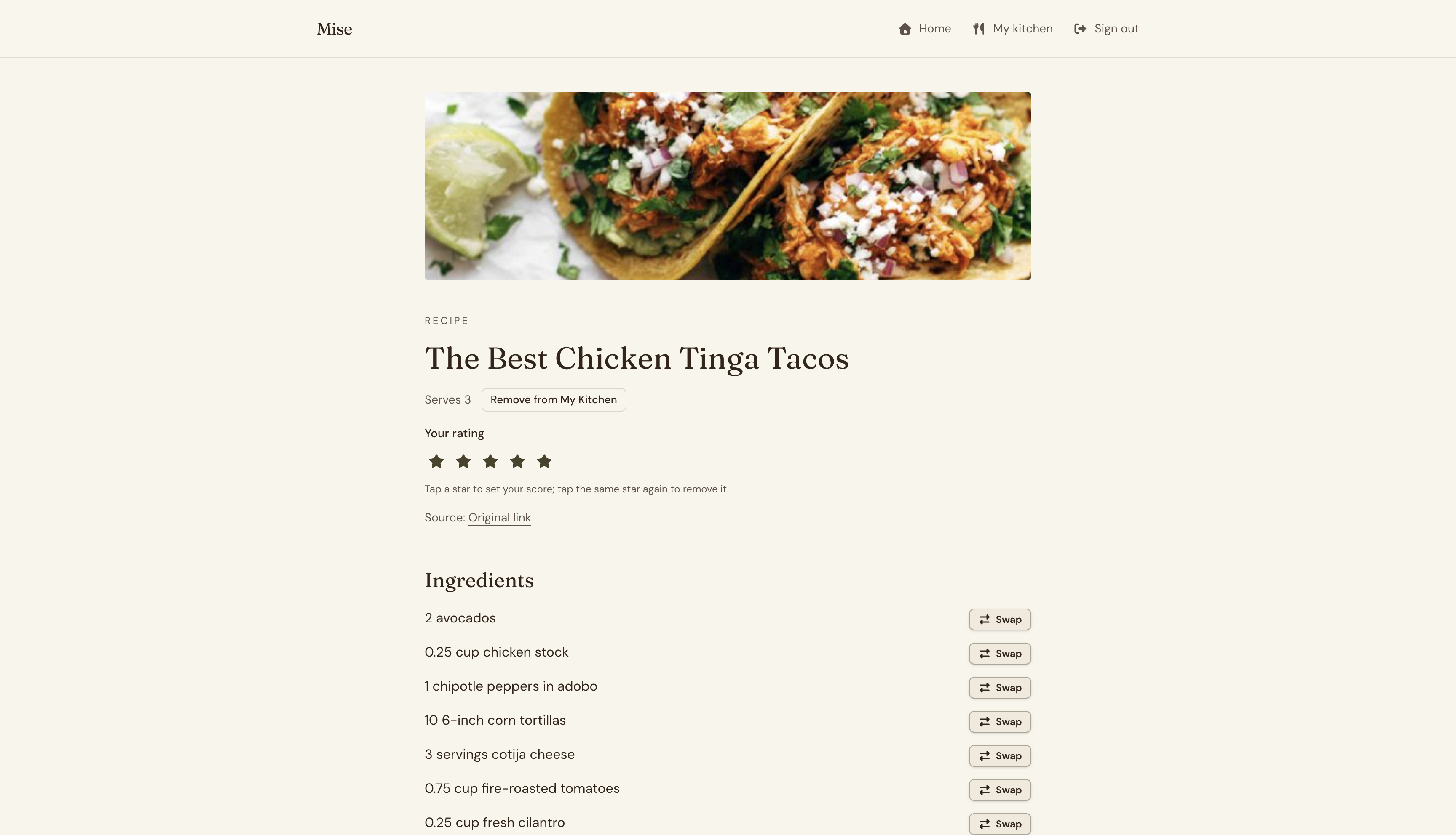 Mise recipe detail page showing ingredients, prep tasks, and cook button