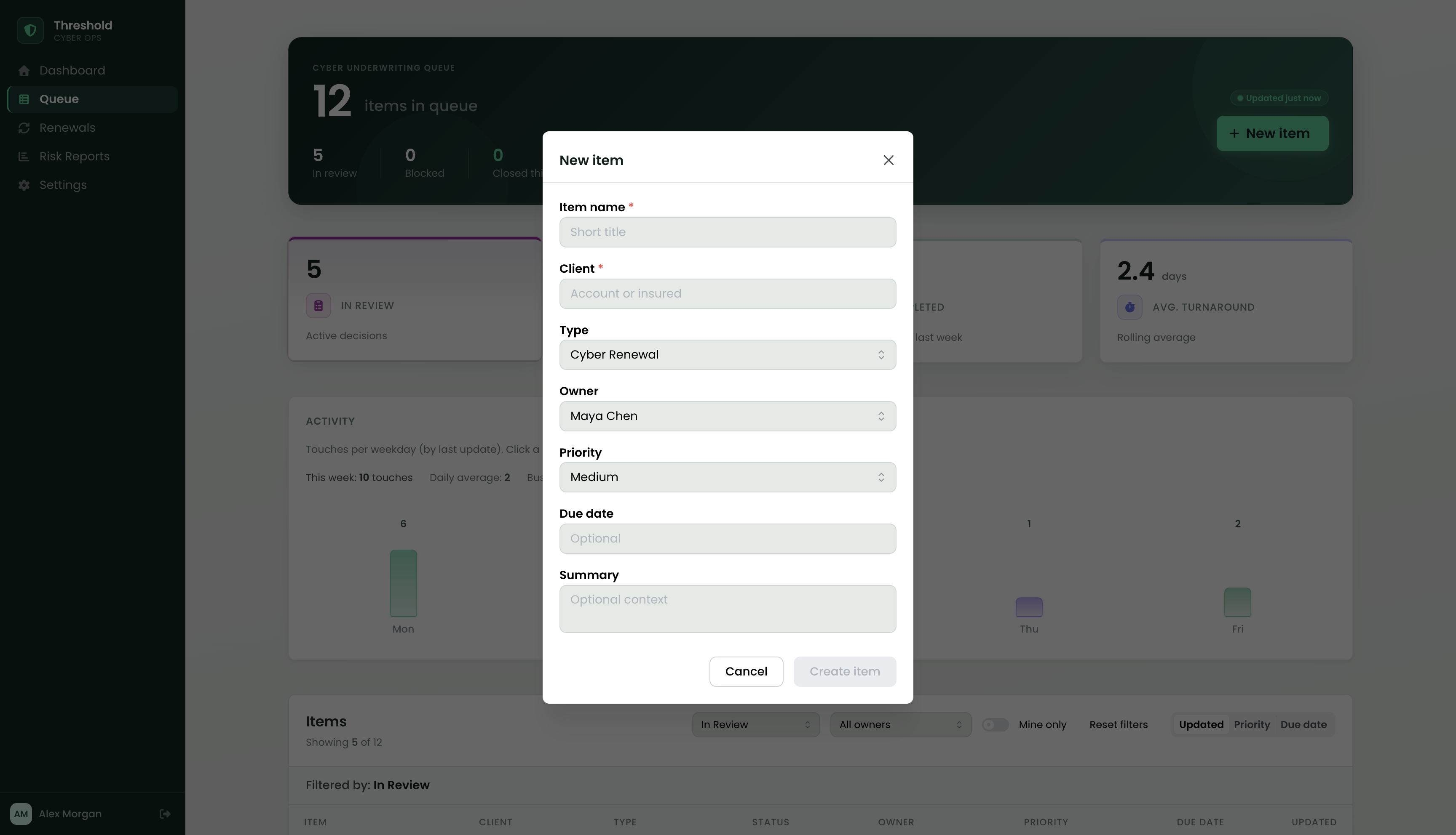 New item intake form in Threshold
