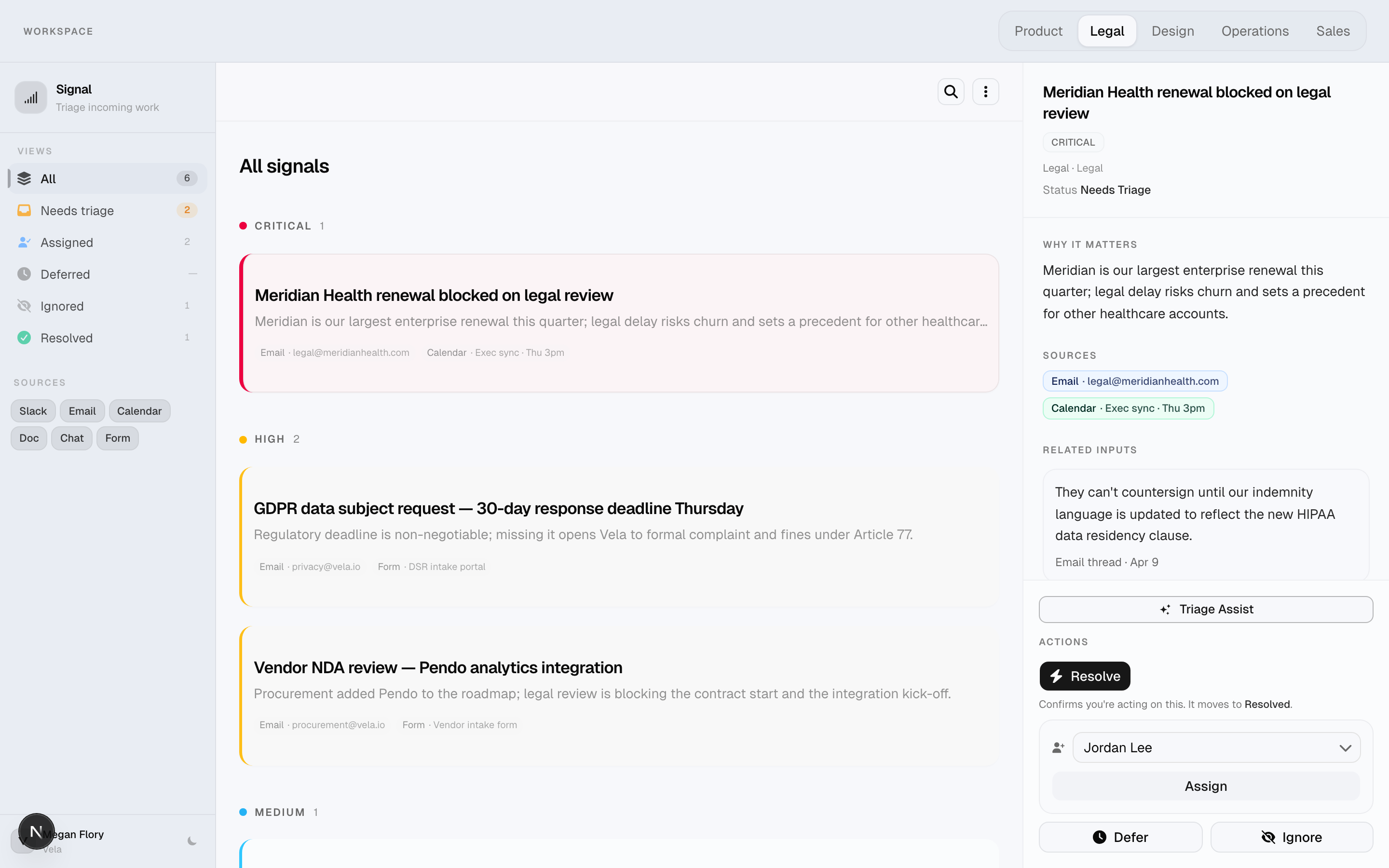 Signal Legal workspace showing urgency-grouped feed with Meridian Health critical signal