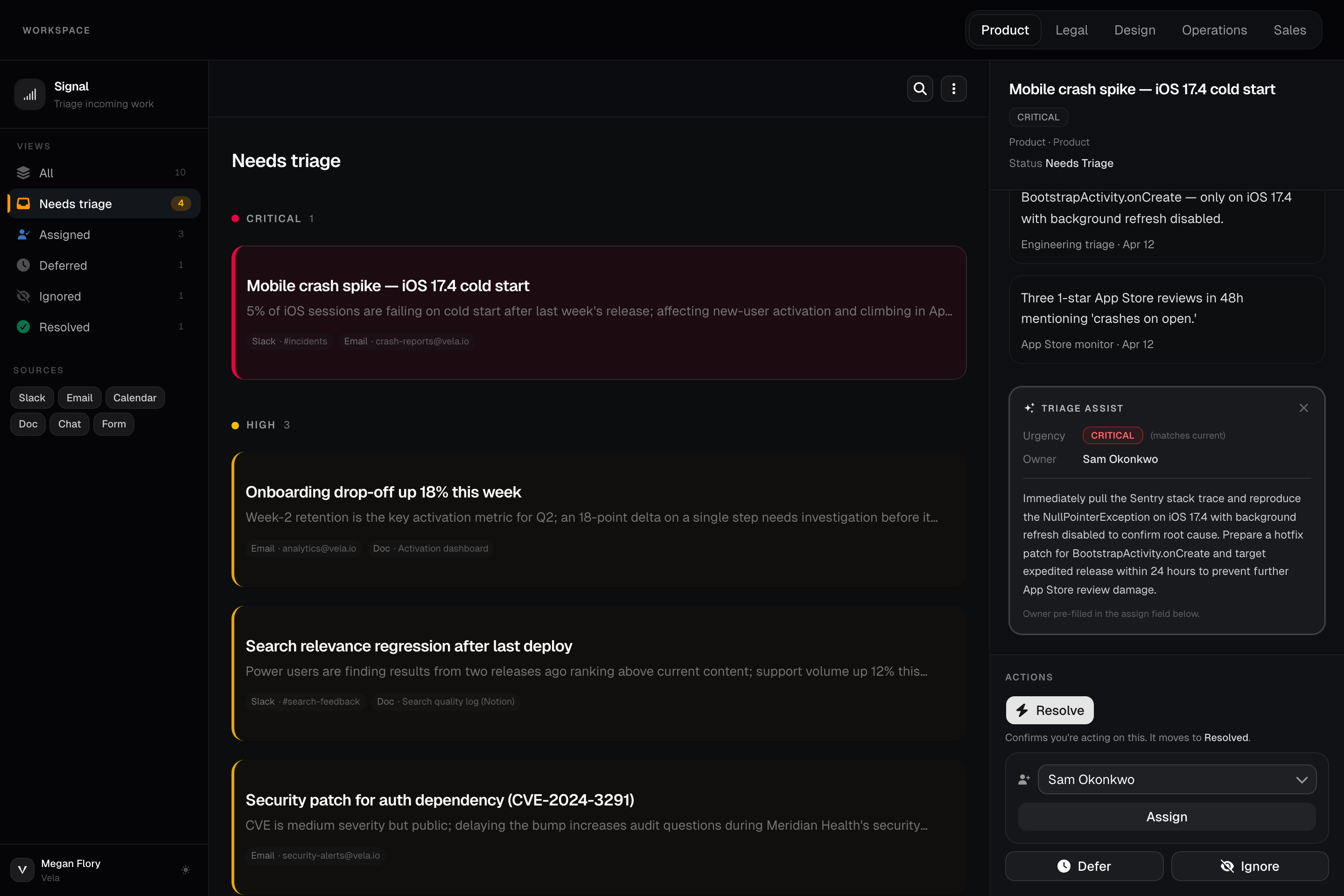 Signal Triage Assist result showing urgency, owner, and recommended action powered by Claude