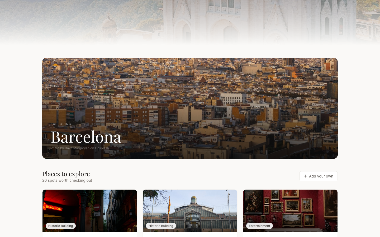 Search results showing place cards for a city