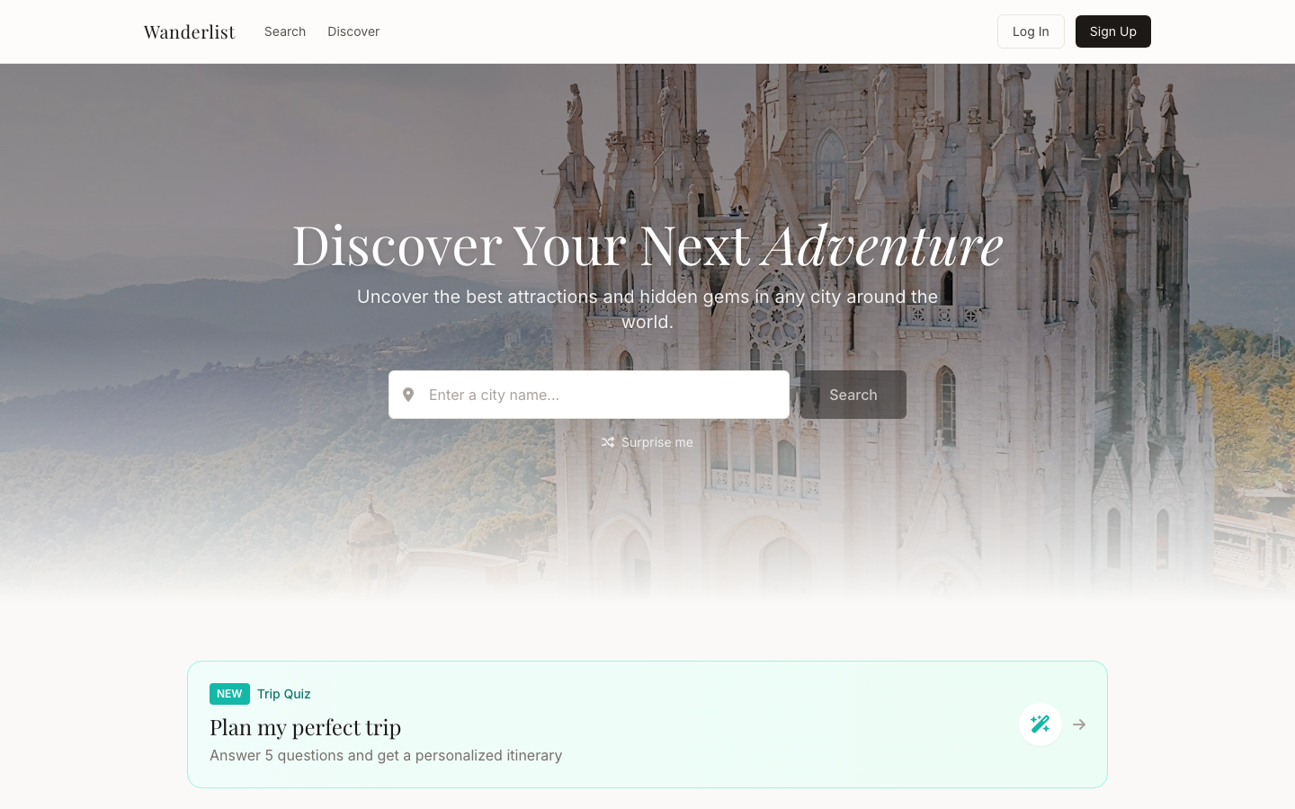 Wanderlist main screen with city search and hero
