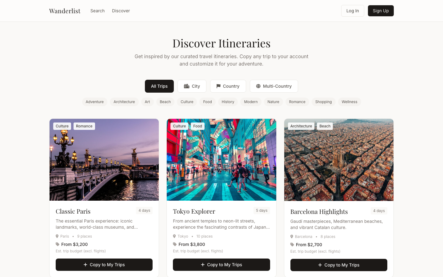 Discover Itineraries page showing curated trip templates
