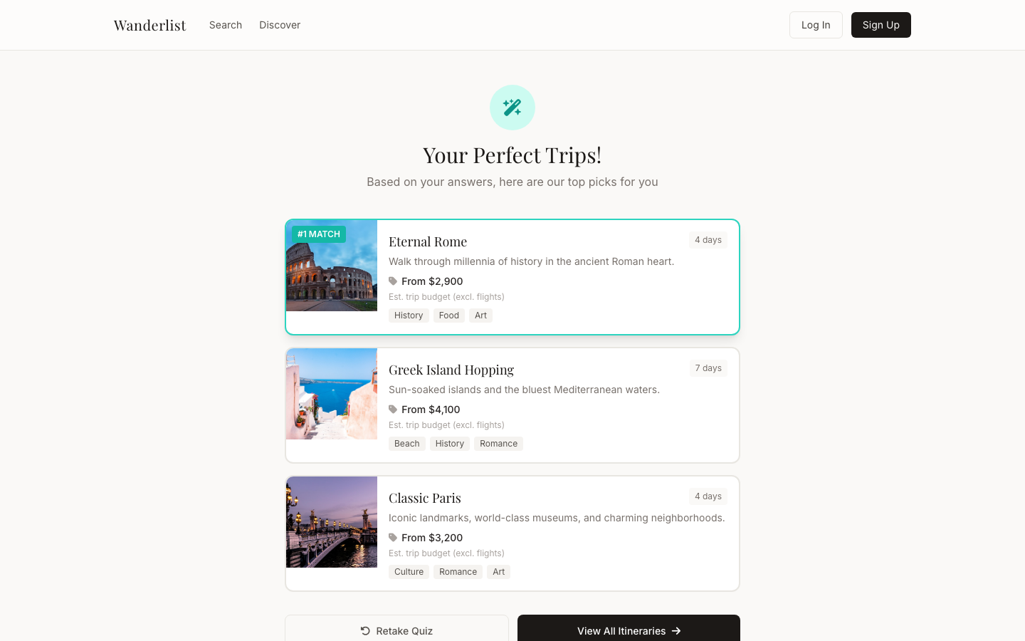 Trip Quiz results showing ranked itinerary recommendations