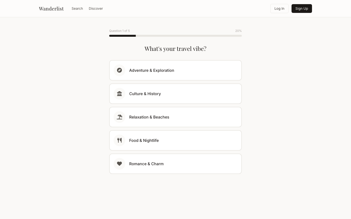 Trip Quiz first question — What's your travel vibe?