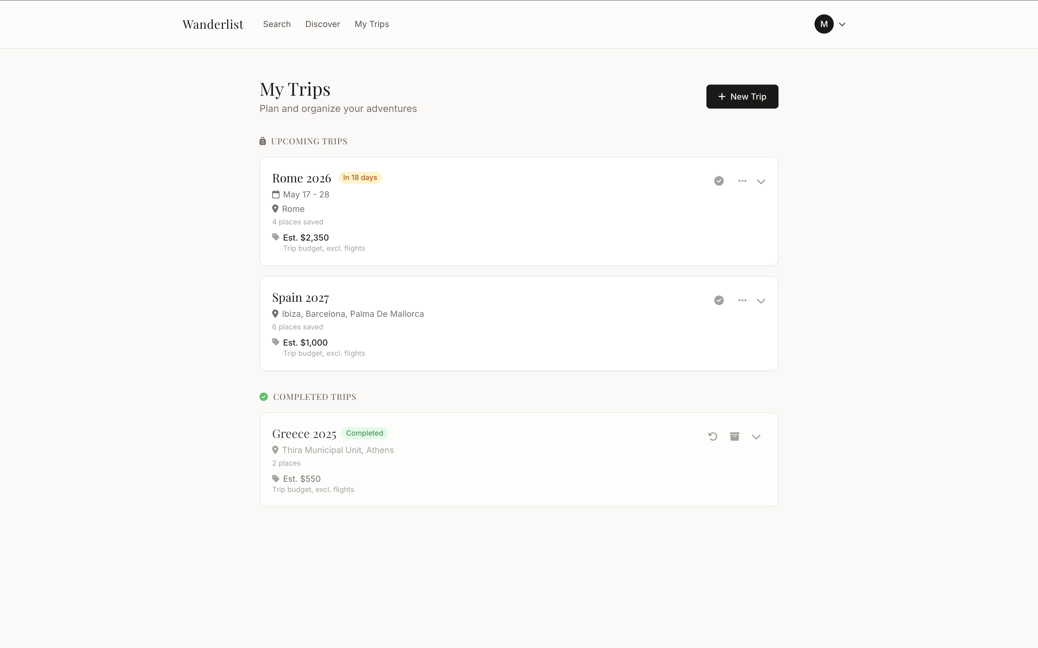 My Trips page showing all trips collapsed — Rome 2026, Spain 2027, and completed Greece 2025