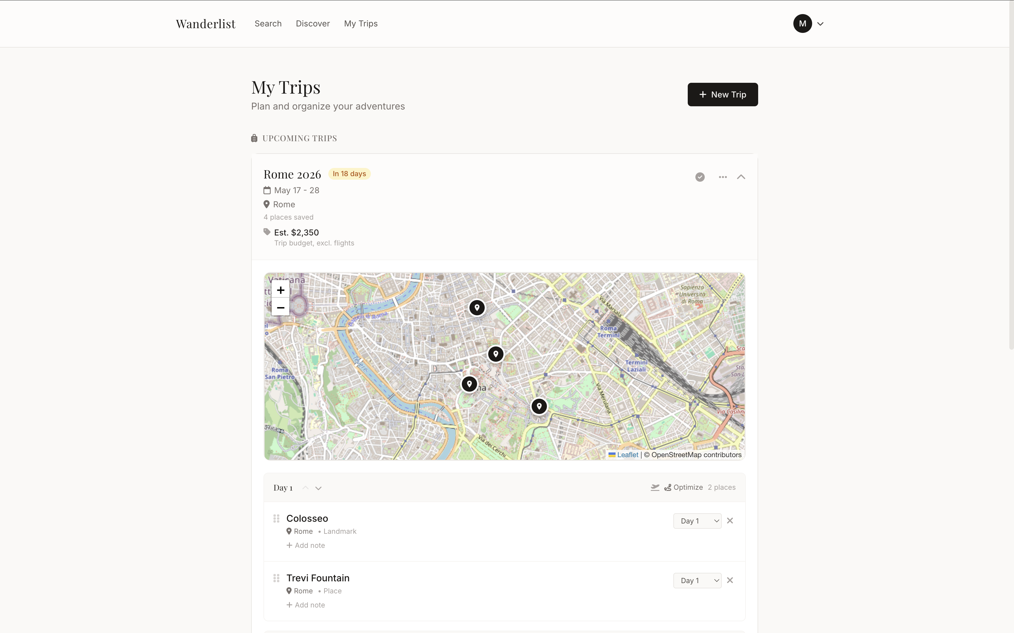 My Trips page with Rome 2026 expanded, showing the Leaflet map and day-by-day place list